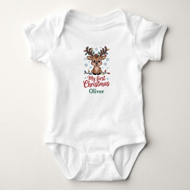 Body Para Bebê Custom Name First Christmas Reindeer (Frente)