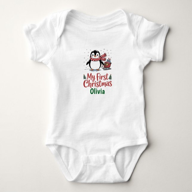 Body Para Bebê Custom Name Penguin First Christmas Design (Frente)