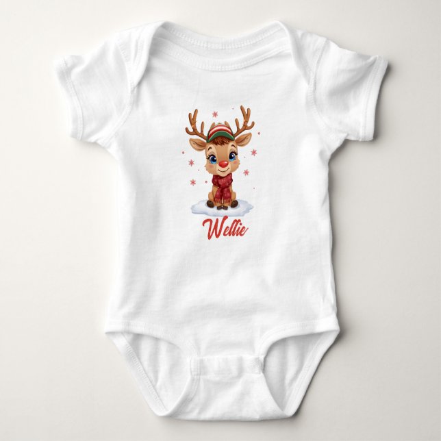 Body Para Bebê Custom Reindeer Christmas Baby Bodysuit Name (Frente)