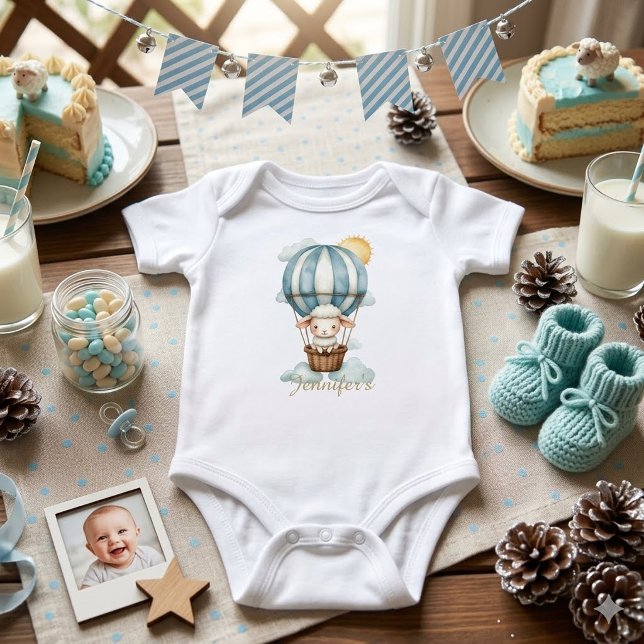 Body Para Bebê Custom Watercolor Sheep in Hot Air Balloon  (Criador carregado)