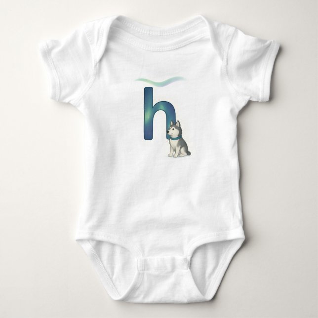 Body Para Bebê Customizable Northern Lights Letter H Husky Puppy (Frente)