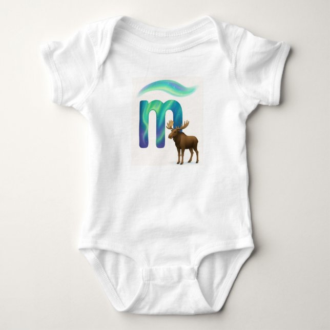 Body Para Bebê Customizable Northern Lights Letter M Moose Art (Frente)