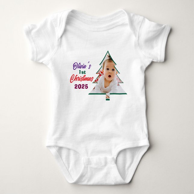 Body Para Bebê Customized Photo Olivia's 1st Christmas Tree  (Frente)