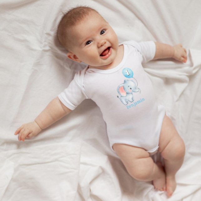 Body Para Bebê Cute Baby Elephant with Balloon 1st Birthday (Criador carregado)