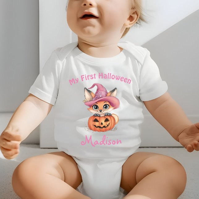 Body Para Bebê Cute Baby Fox Witch Hat Nome Personalizado T-Shirt (Criador carregado)