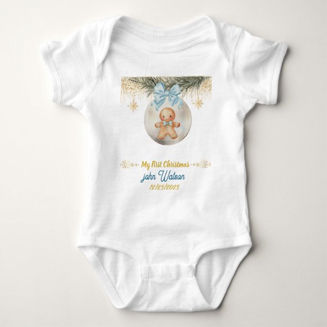 Body Para Bebê Cute  blue Gingerbread  boy My First Christmas (Frente)
