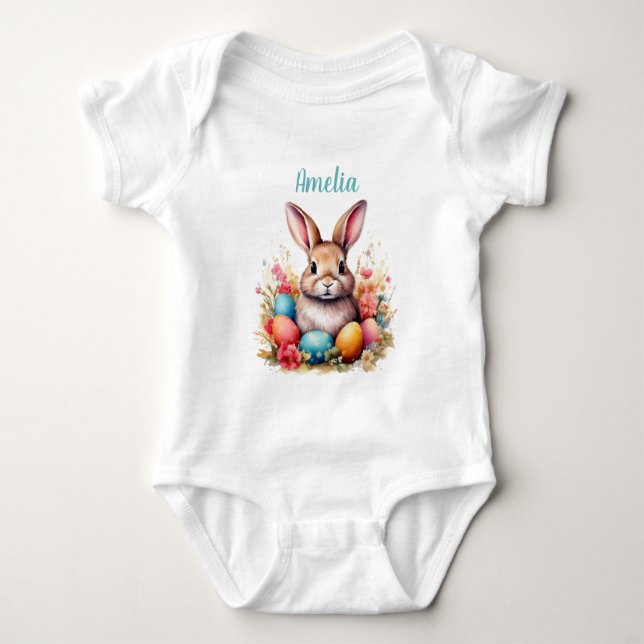 Body Para Bebê Cute Bunny Eggs Flowers Happy Easter Name (Frente)