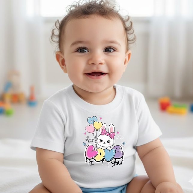 Body Para Bebê Cute Bunny "I LOVE You" Hearts Balloons T-Shirt (Criador carregado)