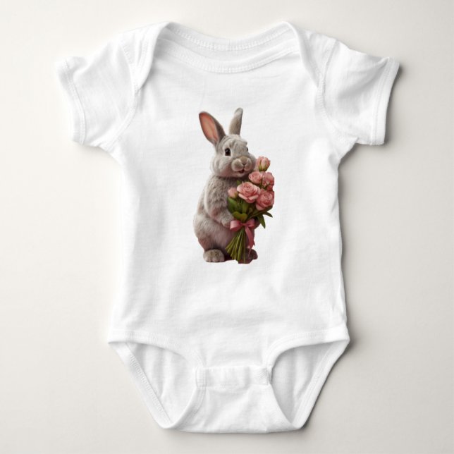 Body Para Bebê  “Cute Bunny with Pink Roses” Adorable Art Design (Frente)