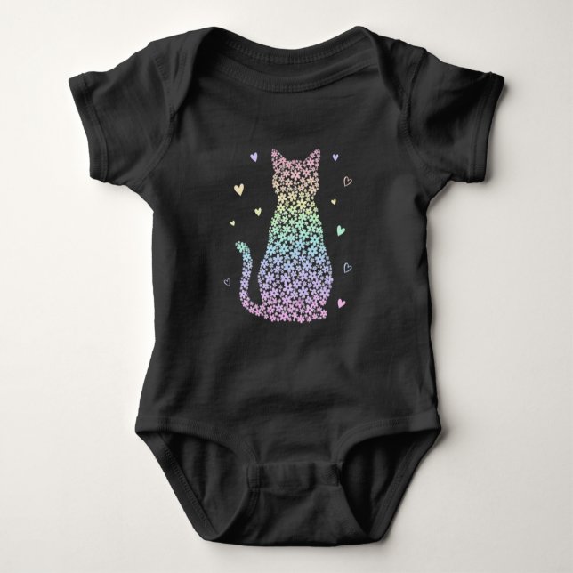 Body Para Bebê  cute cat  rainbow hearts pastel gradient pattern (Frente)