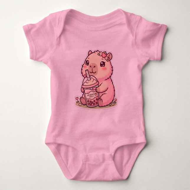 Body Para Bebê Cute Chibi Capivara Bebendo Leite de Boba de Moran (Frente)