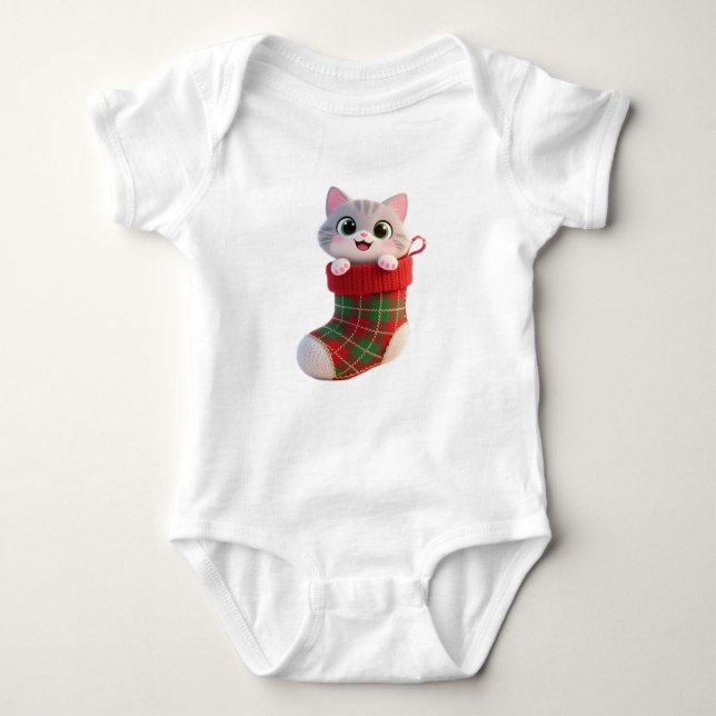 Body Para Bebê Cute Christmas Cat in Stocking Baby Jersey T-Shirt (Frente)