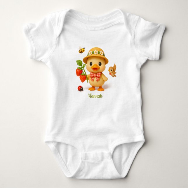 Body Para Bebê Cute Duck Baby – Strawberries, Flowers. (Frente)