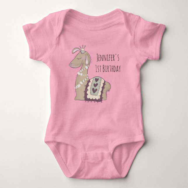Body Para Bebê Cute Llama Princess Vestindo um Aniversário Coroa (Frente)