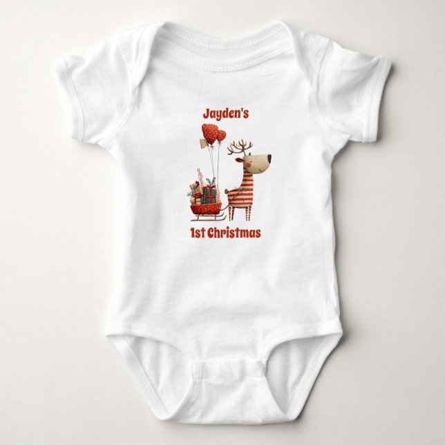 Body Para Bebê Cute Red Baby Boy Girl Reindeer 1st Christmas  (Frente)