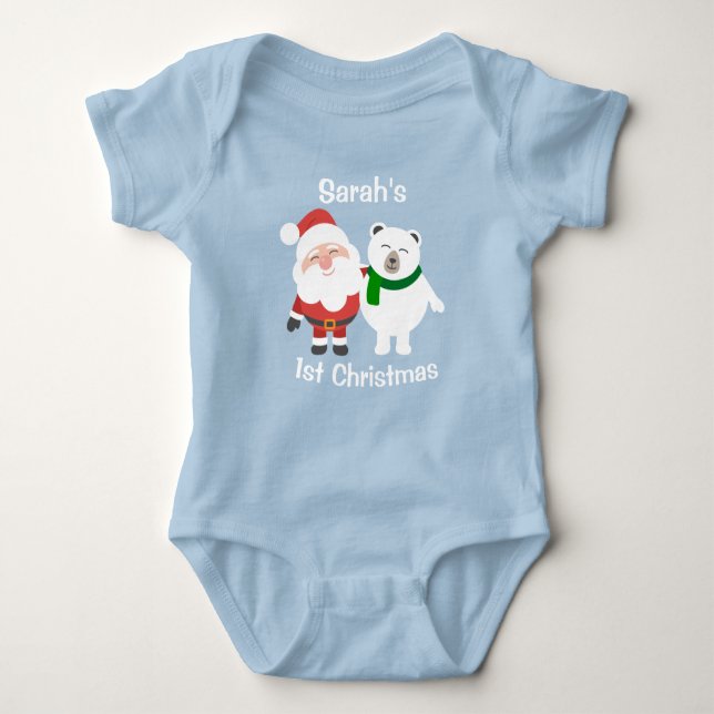 Body Para Bebê Cute Santa and Polar Bear 1st Christmas (Frente)
