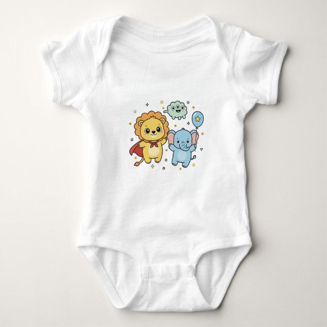 Body Para Bebê Cute Superhero Lion and Elephant Friends Cartoon (Frente)