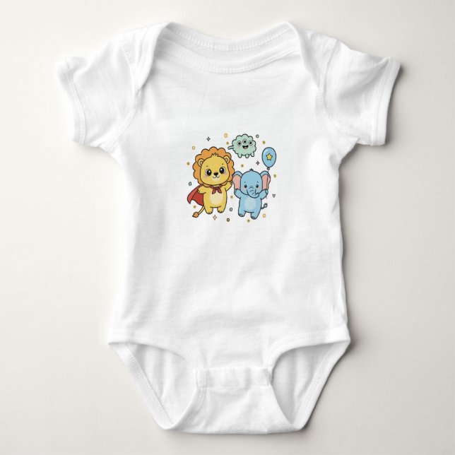 Body Para Bebê Cute Superhero Lion and Elephant Friends Cartoon (Frente)