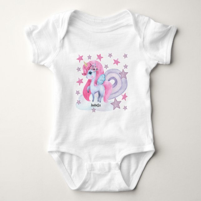 Body Para Bebê Cute Unicórnio Arco-íris Personalizado Aquarela (Frente)