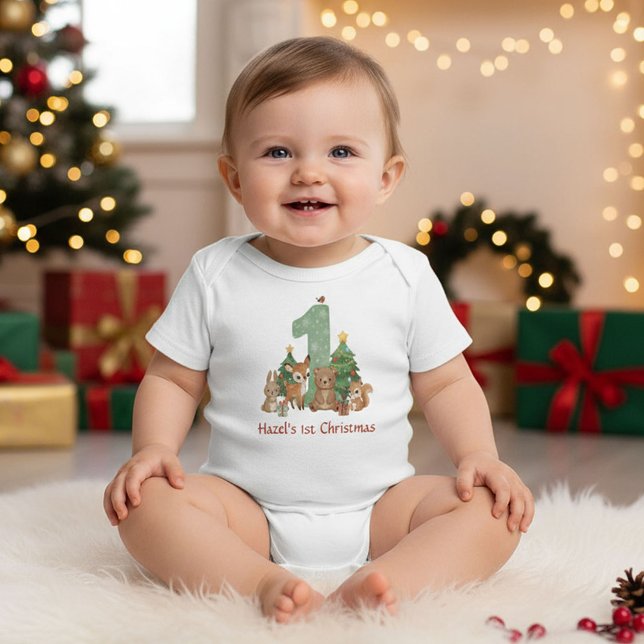 Body Para Bebê Cute Woodland Animals Baby First Christmas Green 1 (Criador carregado)