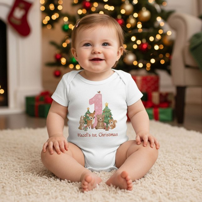 Body Para Bebê Cute Woodland Animals Baby First Christmas Pink 1 (Criador carregado)