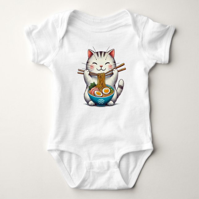 Body Para Bebê "Cuteness Irresistível: Gato Comendo Ramen - T-Shi (Frente)