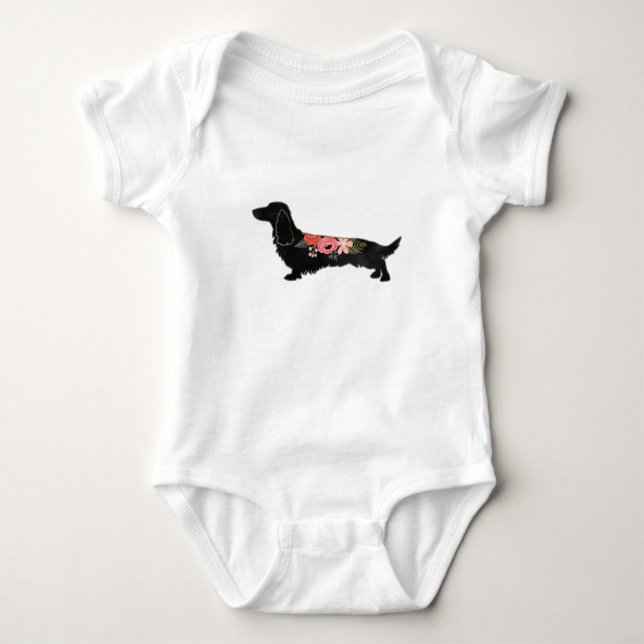 Body Para Bebê Dachshund Bohemian Floral Silhouette (Frente)