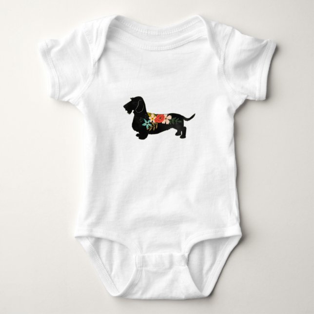 Body Para Bebê Dachshund Bohemian Floral Silhouette (Frente)