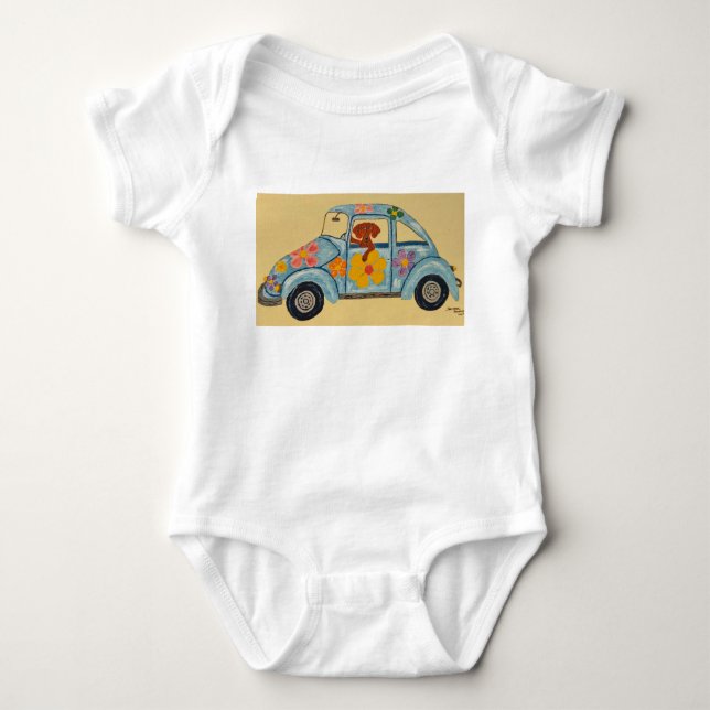 Body Para Bebê Dachshund em carro hippie (Frente)