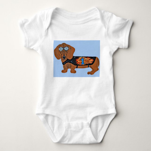 Body Para Bebê Dachshund in Racing Jacket T-Shirt (Frente)