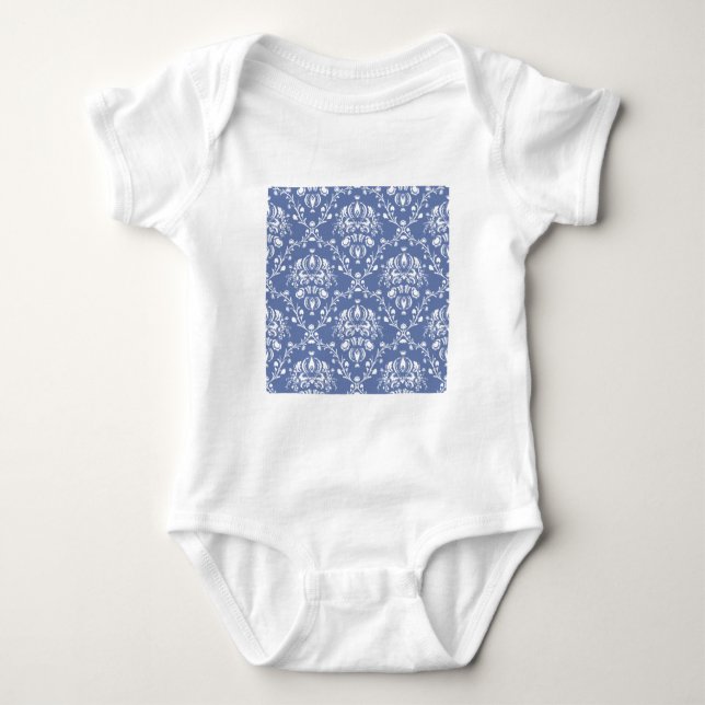 Body Para Bebê Damasco Azul e Branco (Frente)