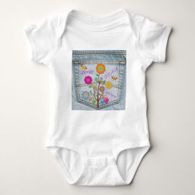Body Para Bebê Denim Back Pocket Flores Paz Esperança (Frente)
