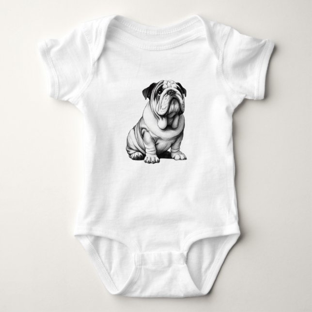 Body Para Bebê Desenho de buldogue preto e branco adorável (Frente)