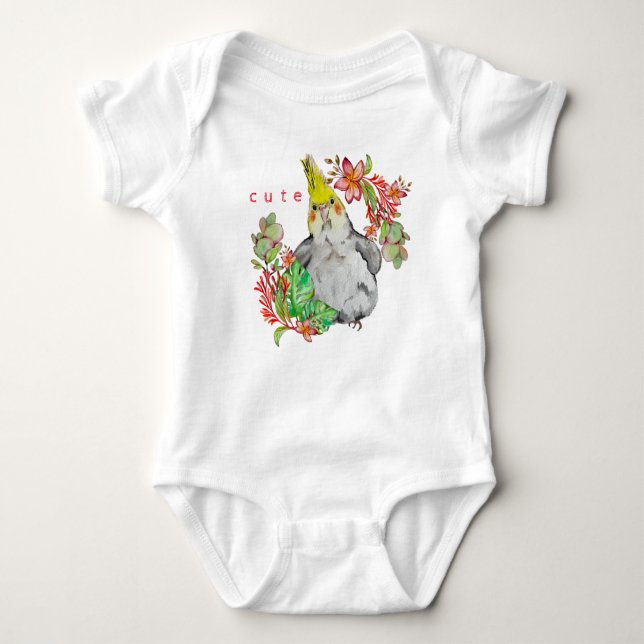Body Para Bebê Desenho em aquarela de um papagaio Corella engraça (Frente)