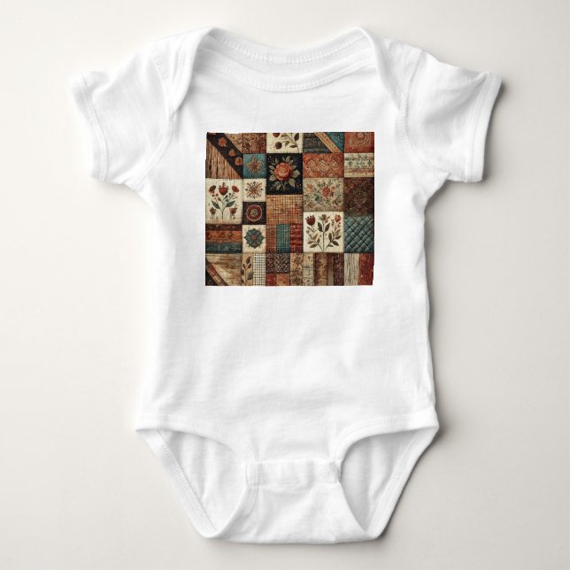 Body Para Bebê Desenho Floral Rústico Retro em Terracota em Patch (Frente)