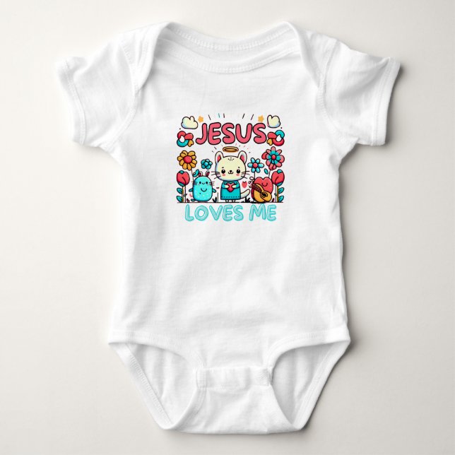 Body Para Bebê design de "Jesus me ama" com um desenho animado (Frente)