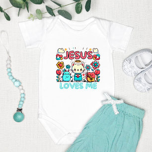 Body Para Bebê design de "Jesus me ama" com um desenho animado