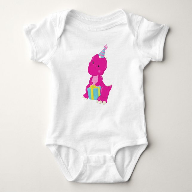 Body Para Bebê Dinosaur de Aniversário, Dinossauro Rosa, Chapéu d (Frente)