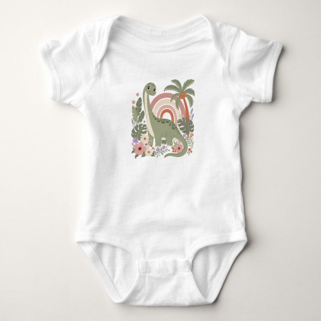 Body Para Bebê Dinossauro Boho Fofo | Dino Arco-Íris Pastel | Flo (Frente)
