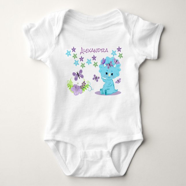Body Para Bebê Dinossauro Floral Azul Personalizado (Frente)