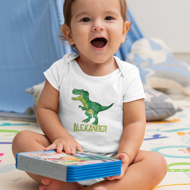 Body Para Bebê Dinossauro T-rex Aquarela com Nome de Crianças Per (Criador carregado)