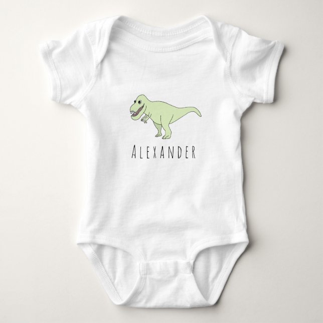 Body Para Bebê Dinossauro T-Rex do Baby Boy Doodle com Nome (Frente)