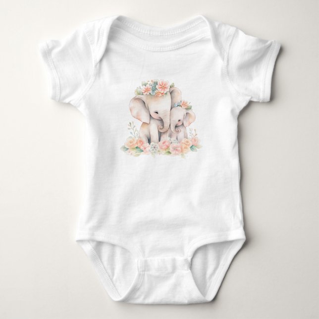 Body Para Bebê Dois Elefantes Aconchegados com Grinalda Floral (Frente)