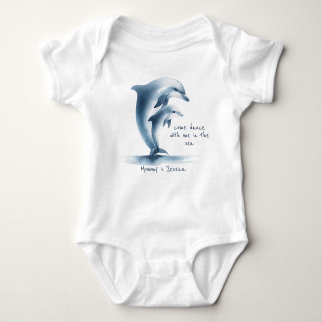 Body Para Bebê Dolphin Mãe Baby Blue Watercolor Personalizado (Frente)