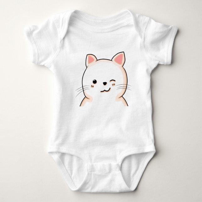 Body Para Bebê Dona de gato branco Cute Bigode de gato Wink (Frente)