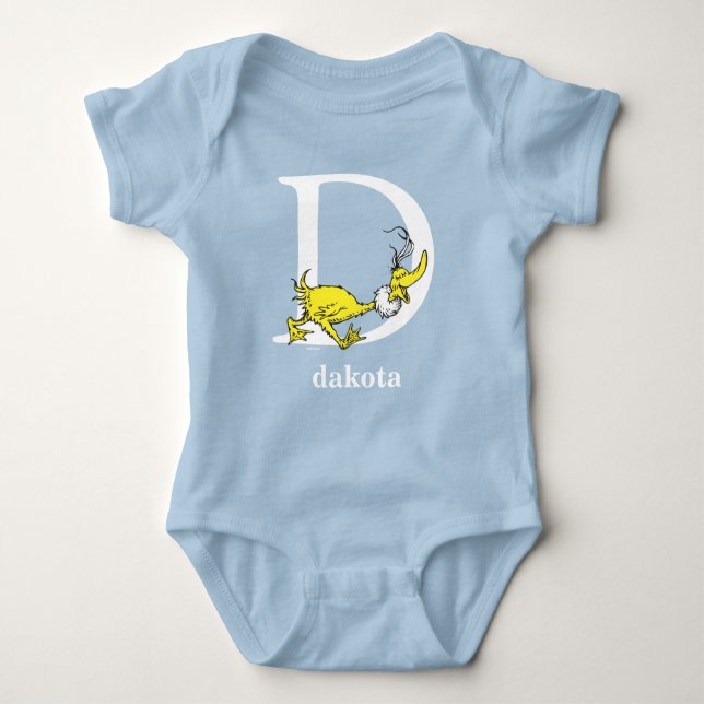 Body Para Bebê Dr. Seuss ABC: Carta D - Branco | Adicione seu nom (Frente)