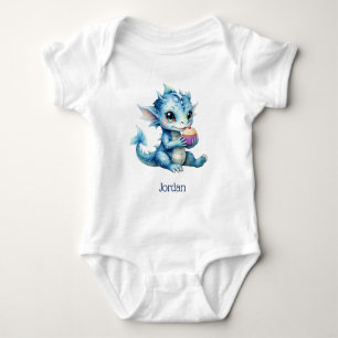 Body Para Bebê Dragão-bebê azul-bonito comendo um Cupcake