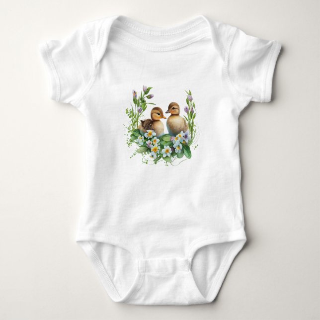 Body Para Bebê Ducklings with Daisies and Purple Flowers (Frente)