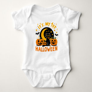 Body Para Bebê É o meu primeiro Halloween Abóbora Gato Preto