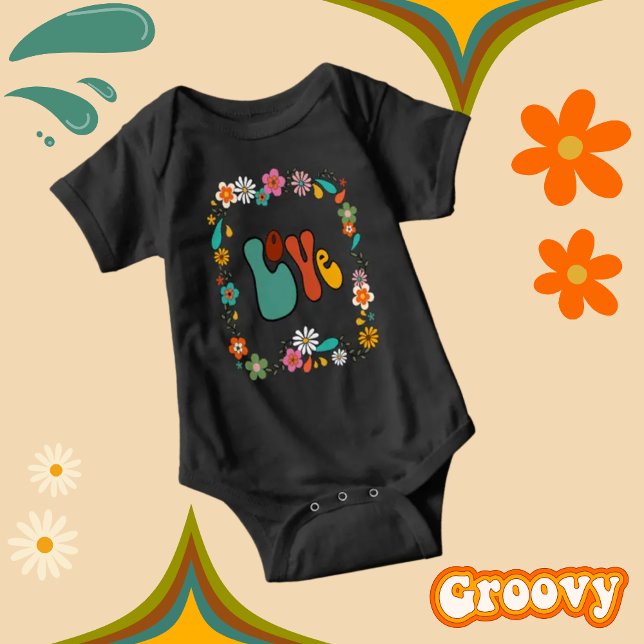 Body Para Bebê Ebony Groovy Baby LOVE floresce 70 anos inspirado (Criador carregado)